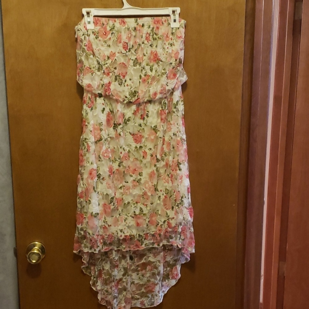 white, pink floral strapless dress